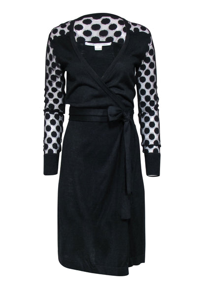Current Boutique-Diane von Furstenberg - Black Wrap Dress w/ Semi Sheer Polka Dot Sleeves Sz S