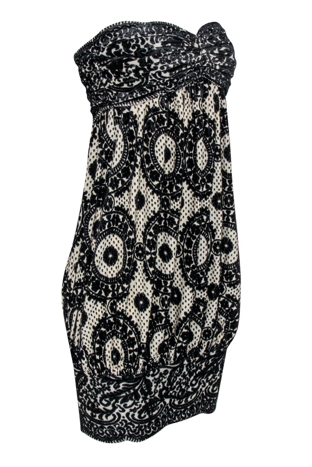 Current Boutique-Diane von Furstenberg - Black w/ Cream Print Velvet Burnout Strapless Dress Sz 4