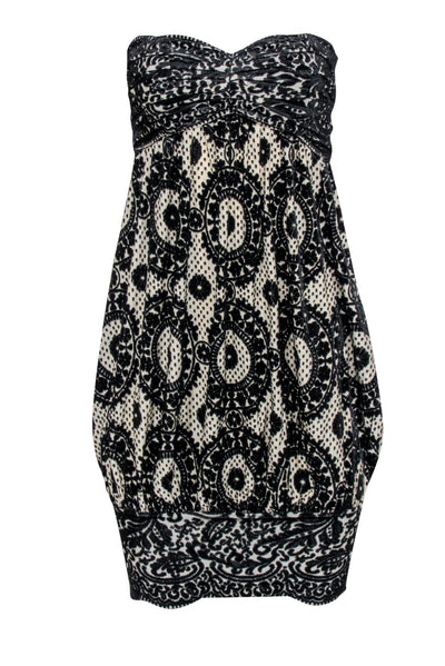 Current Boutique-Diane von Furstenberg - Black w/ Cream Print Velvet Burnout Strapless Dress Sz 4