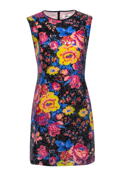 Current Boutique-Diane von Furstenberg - Black w/ Multicolor Floral Sequin Sheath Dress Sz 8