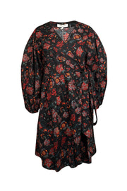 Current Boutique-Diane von Furstenberg - Black w/ Red Floral Print Poplin Wrap Dress Sz 8