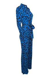 Current Boutique-Diane von Furstenberg - Blue & Black Long Sleeve Collared Animal Print Jumpsuit Sz S