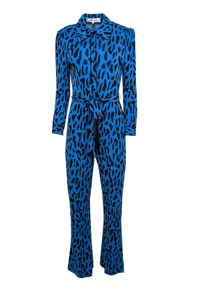 Current Boutique-Diane von Furstenberg - Blue & Black Long Sleeve Collared Animal Print Jumpsuit Sz S