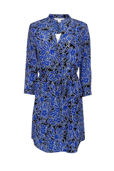 Current Boutique-Diane von Furstenberg - Blue & Black Long Sleeve Floral Print Drawstring Waist Dress Sz 0