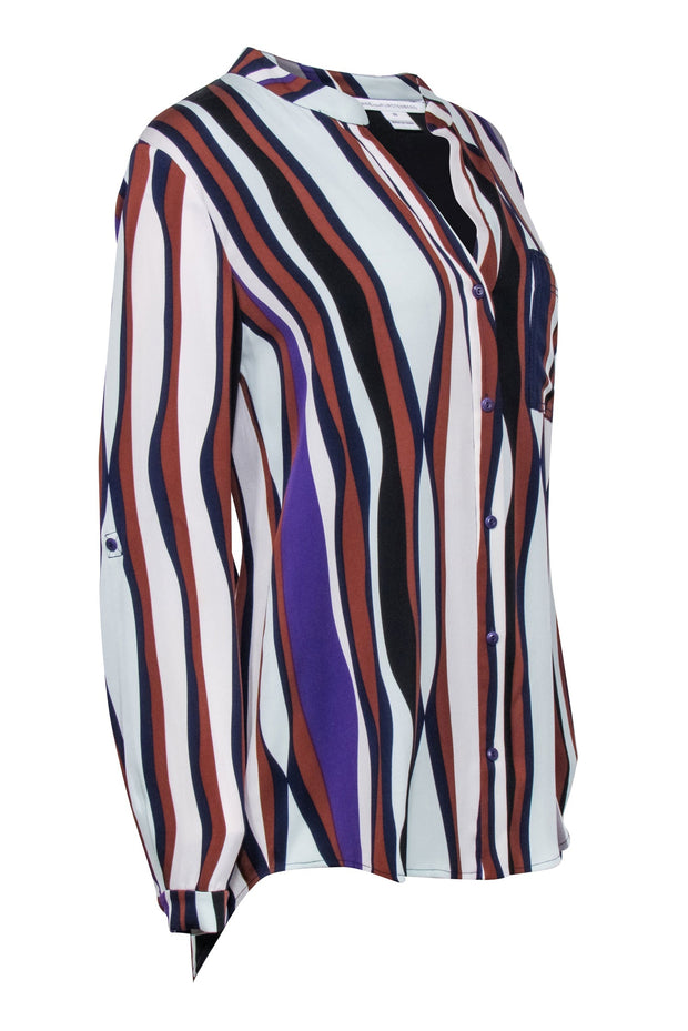 Current Boutique-Diane von Furstenberg - Blue & Brown Multicolor Striped Silk Blend Blouse Sz 10
