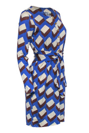 Current Boutique-Diane von Furstenberg - Blue & Brown Patterned Long Sleeve Tie-Waist Dress Sz 10