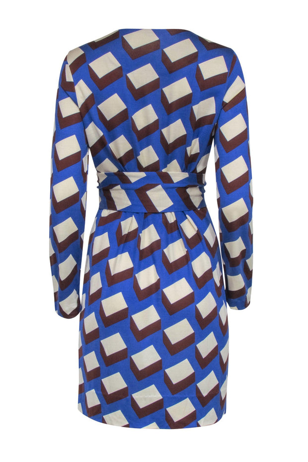 Current Boutique-Diane von Furstenberg - Blue & Brown Patterned Long Sleeve Tie-Waist Dress Sz 10