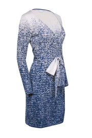Current Boutique-Diane von Furstenberg - Blue & Cream Gradient Printed Knit Wrap Dress Sz P