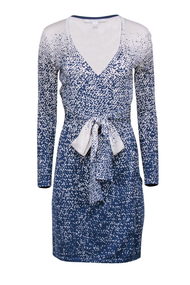 Current Boutique-Diane von Furstenberg - Blue & Cream Gradient Printed Knit Wrap Dress Sz P