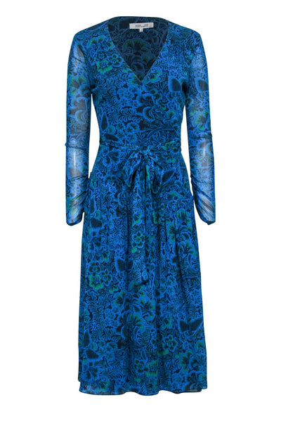 Current Boutique-Diane von Furstenberg - Blue & Green Floral & Leaf Print Wrap Dress Sz S