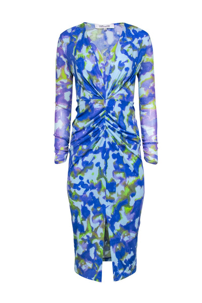 Current Boutique-Diane von Furstenberg - Blue & Green Tie Dye Ruched Middle Dress Sz XS