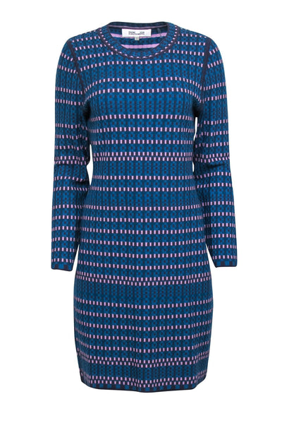 Current Boutique-Diane von Furstenberg - Blue & Purple Knit Long Sleeve Sheath Dress Sz L