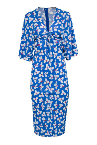 Diane von Furstenberg - Blue, White, & Pink Floral Print Ruched Bust Dress Sz XS