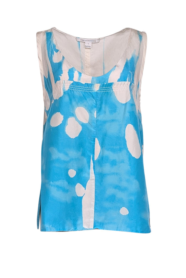 Current Boutique-Diane von Furstenberg - Blue & White Tie Dye Print Sleeveless Top Sz 12