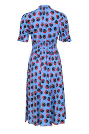 Current Boutique-Diane von Furstenberg - Blue w/ Red & Black Floral Short Sleeve Button Front Dress Sz 4