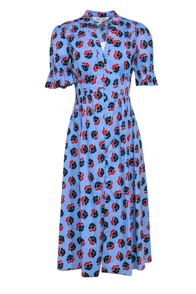 Current Boutique-Diane von Furstenberg - Blue w/ Red & Black Floral Short Sleeve Button Front Dress Sz 4