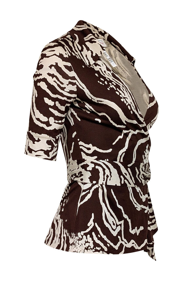 Current Boutique-Diane von Furstenberg - Brown & Cream Print Wrap Top Sz 8