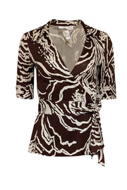 Current Boutique-Diane von Furstenberg - Brown & Cream Print Wrap Top Sz 8