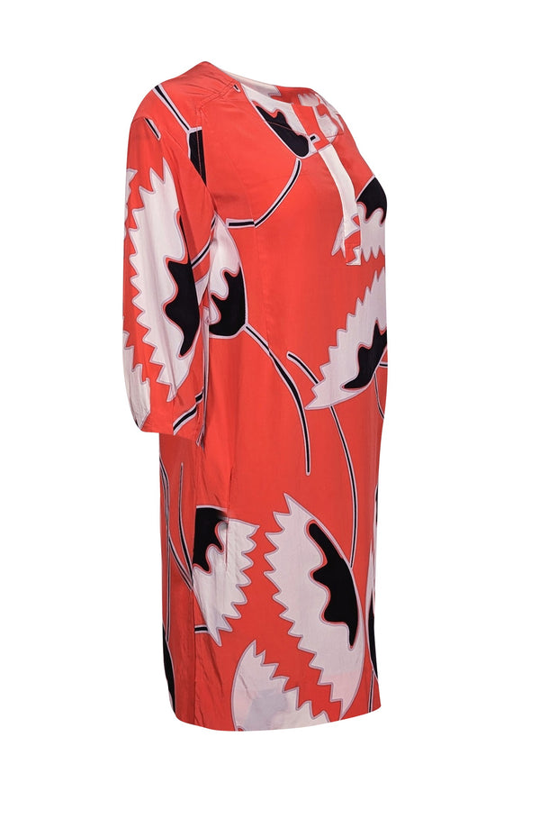 Current Boutique-Diane von Furstenberg - Coral, White, & Black Print Silk Shift Dress Sz 4