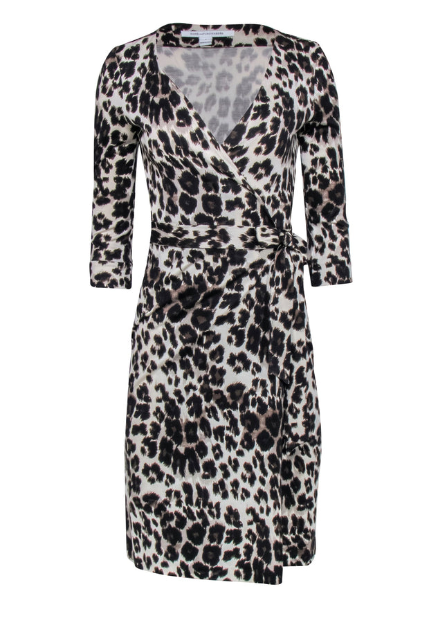 Current Boutique-Diane von Furstenberg - Cream, Brown, & Black Leopard Print Wrap Dress Sz 4