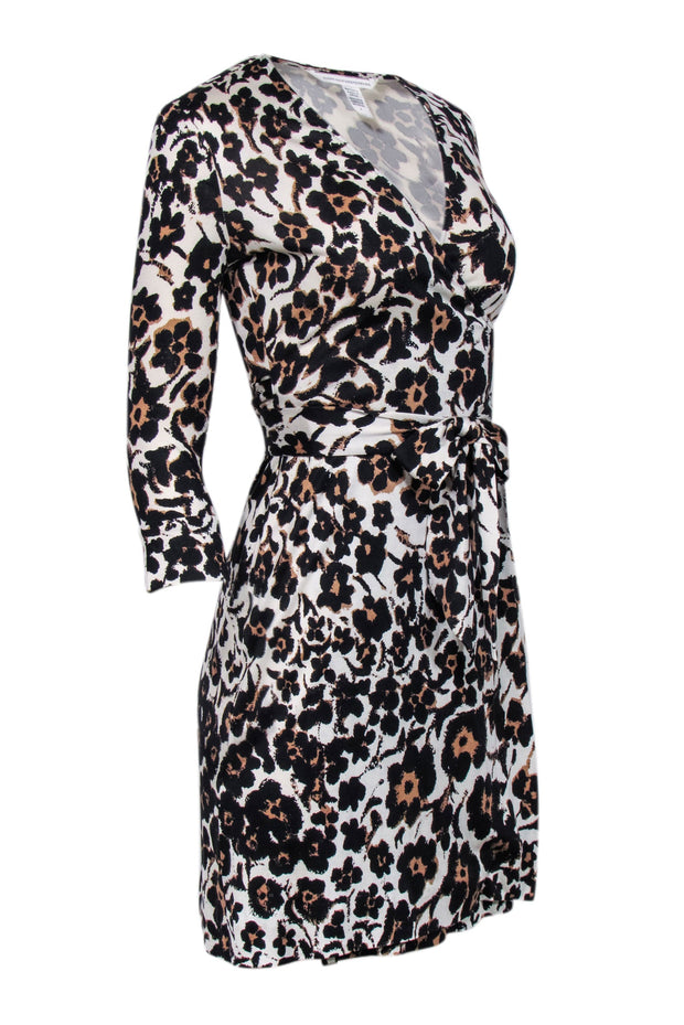 Current Boutique-Diane von Furstenberg - Cream, Tan, Brown, & Black Leopard Print Mini Wrap Dress Sz 2