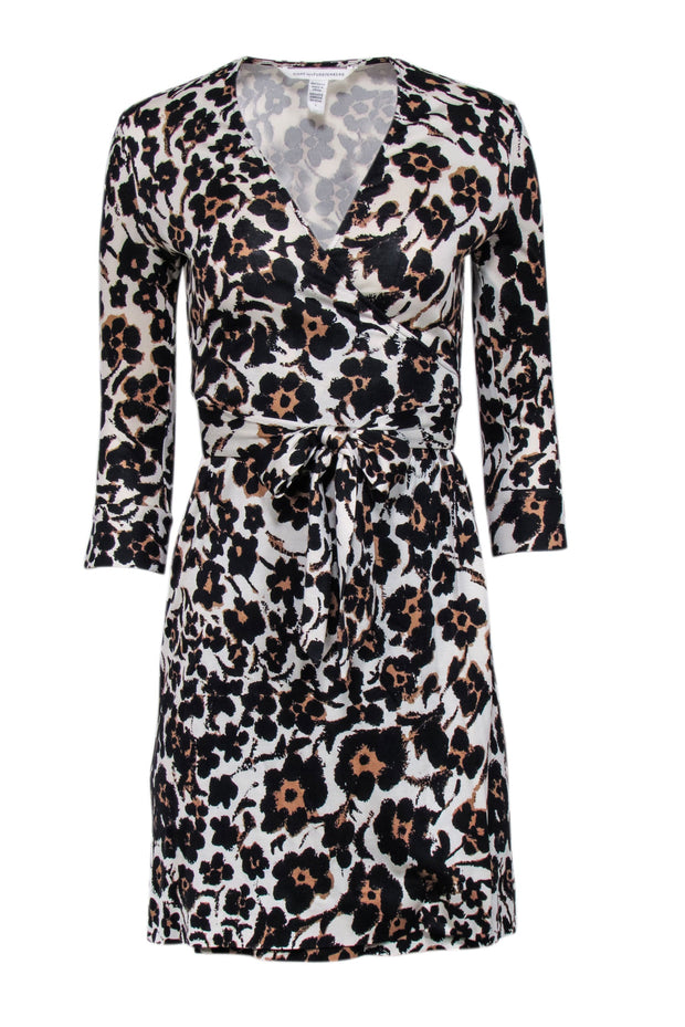 Current Boutique-Diane von Furstenberg - Cream, Tan, Brown, & Black Leopard Print Mini Wrap Dress Sz 2