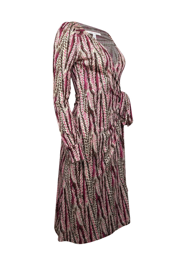 Current Boutique-Diane von Furstenberg - Cream, maroon, & Pink Print Silk Wrap Dress Sz 2