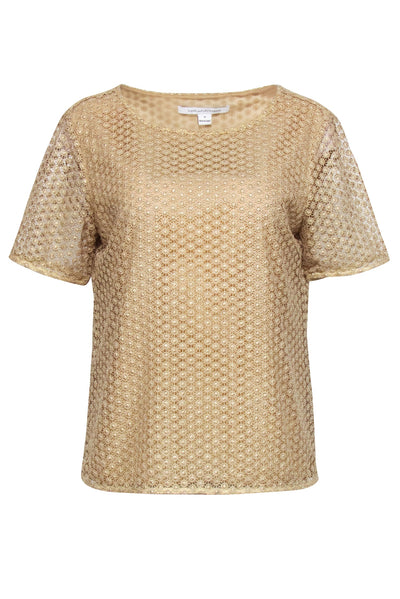 Current Boutique-Diane von Furstenberg - Gold Metallic Lace Short Sleeve Top Sz M