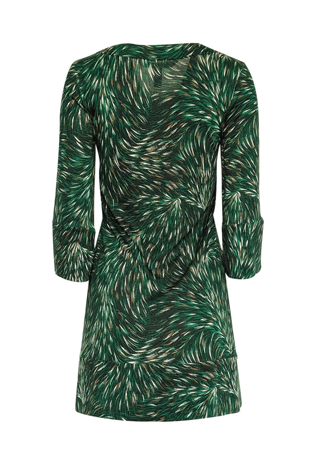 Current Boutique-Diane von Furstenberg - Green & Cream Print Crop Sleeve Shift Dress Sz 2