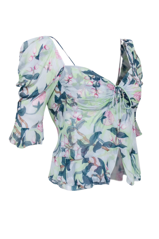 Current Boutique-Diane von Furstenberg - Green & Magenta Floral Print Cold Shoulder Top Sz 00