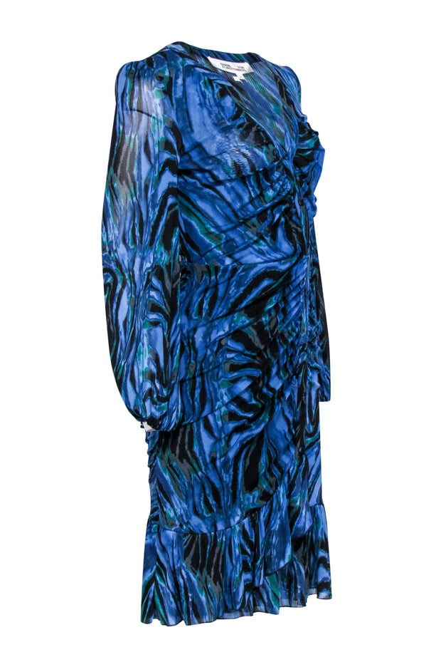 Current Boutique-Diane von Furstenberg - Indigo, Teal, & Black Tie-Dye Zebra Print Ruched Dress Sz M