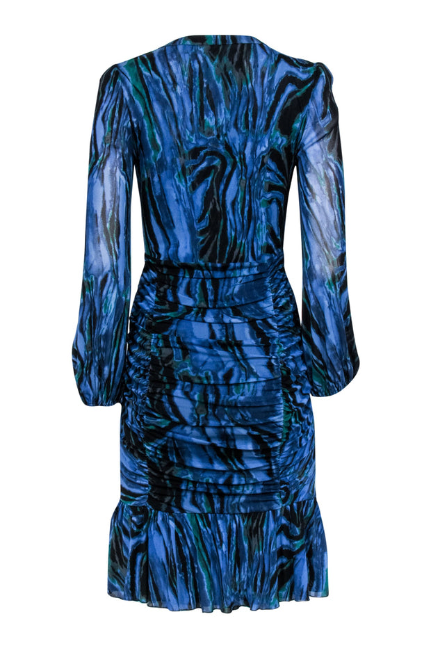 Current Boutique-Diane von Furstenberg - Indigo, Teal, & Black Tie-Dye Zebra Print Ruched Dress Sz M
