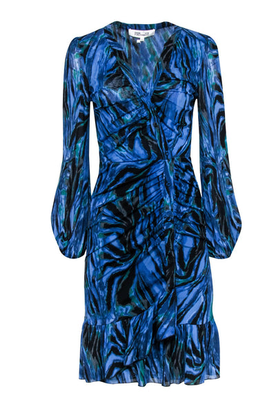 Diane von Furstenberg - Indigo, Teal, & Black Tie-Dye Zebra Print Ruched Dress Sz M