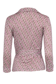 Current Boutique-Diane von Furstenberg -Ivory, Pink, & Brown Wrap Top Sz 8