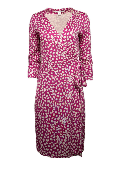 Current Boutique-Diane von Furstenberg - Magenta & White Spotted Silk Wrap Dress Sz 10