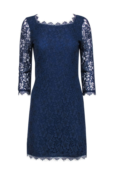 Current Boutique-Diane von Furstenberg - Navy Floral Lace Overlay Cocktail "Zarita" Dress Sz 8