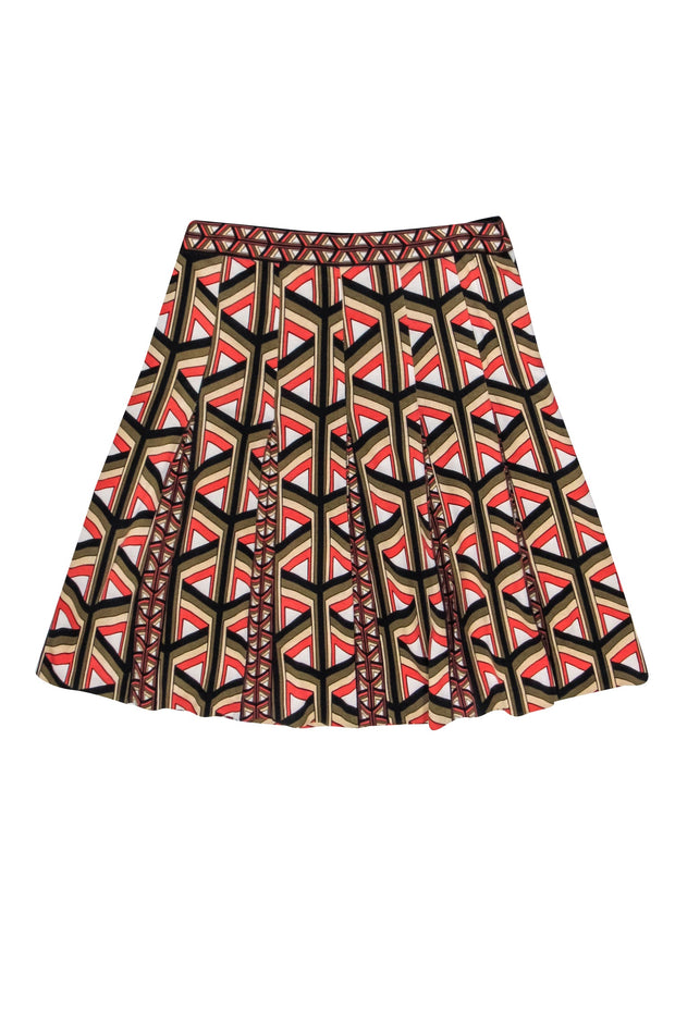 Current Boutique-Diane von Furstenberg - Orange, Black, Cream, & Olive Print Pleated Skirt Sz 4