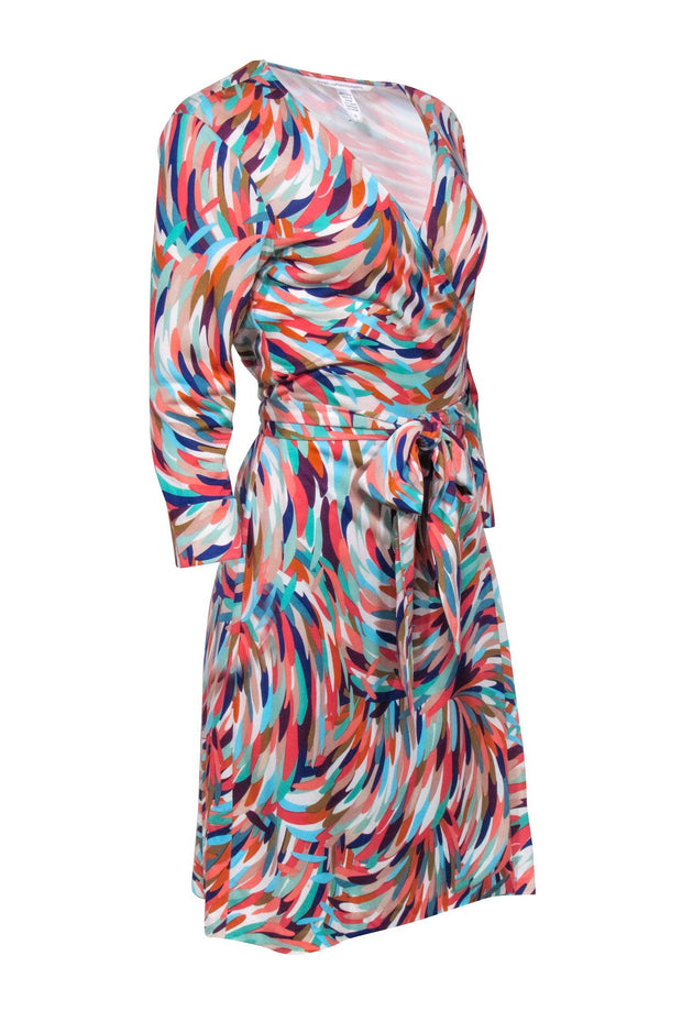 Current Boutique-Diane von Furstenberg - Orange, Blue & Multicolor Feather Print Wrap Dress Sz 12