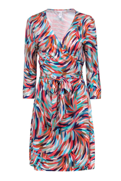 Current Boutique-Diane von Furstenberg - Orange, Blue & Multicolor Feather Print Wrap Dress Sz 12