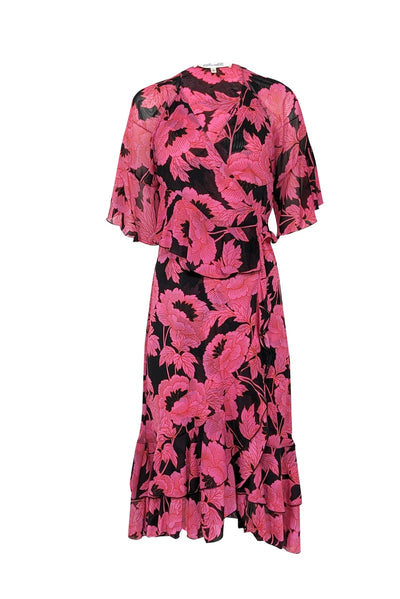 Current Boutique-Diane von Furstenberg - Pink & Black Cropped Sleeve Floral Wrap Midi Dress Sz S