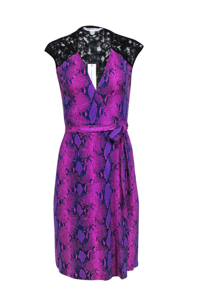 Current Boutique-Diane von Furstenberg - Pink & Purple Snakeskin Print Wrap Dress w/ Lace Back Sz 4