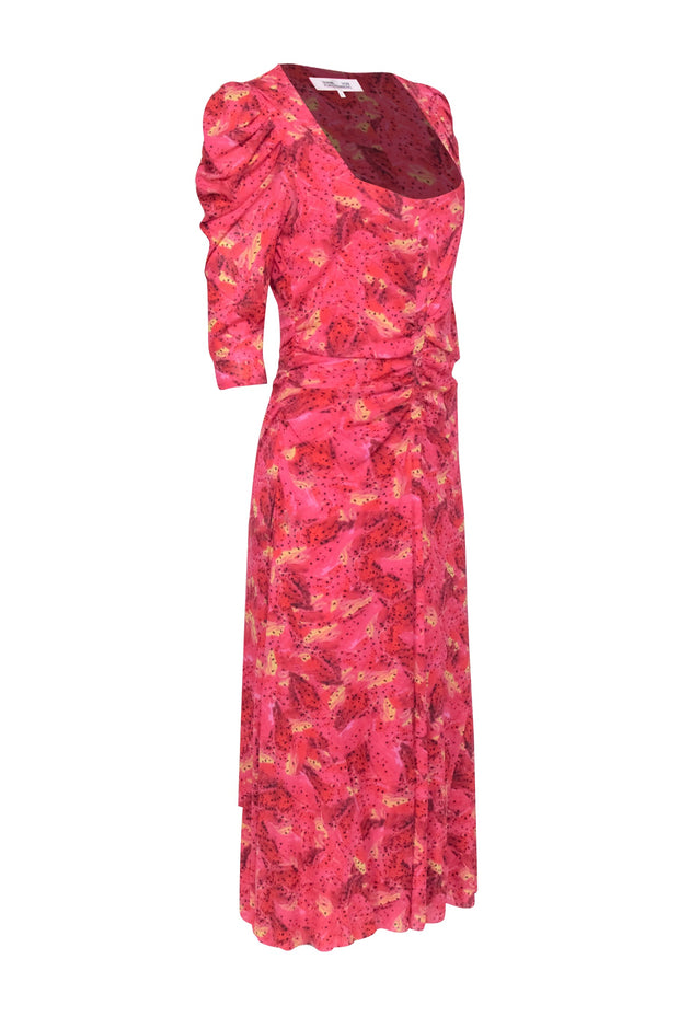 Current Boutique-Diane von Furstenberg - Pink & Red Abstract Printed Ruched Dress Sz L