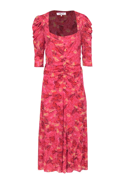Current Boutique-Diane von Furstenberg - Pink & Red Abstract Printed Ruched Dress Sz L