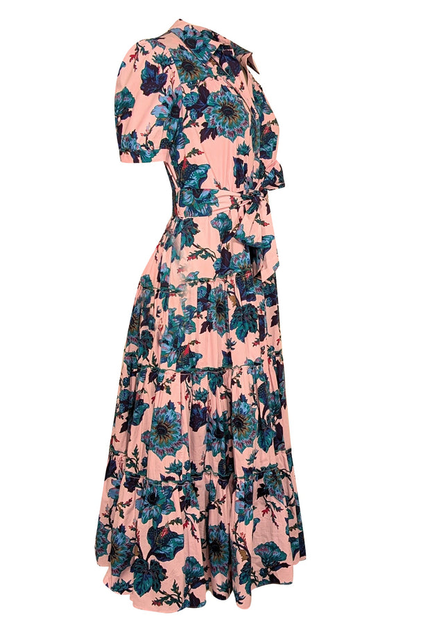 Current Boutique-Diane von Furstenberg - Pink w/ Teal & Blue Floral Print Cotton Midi Dress Sz M