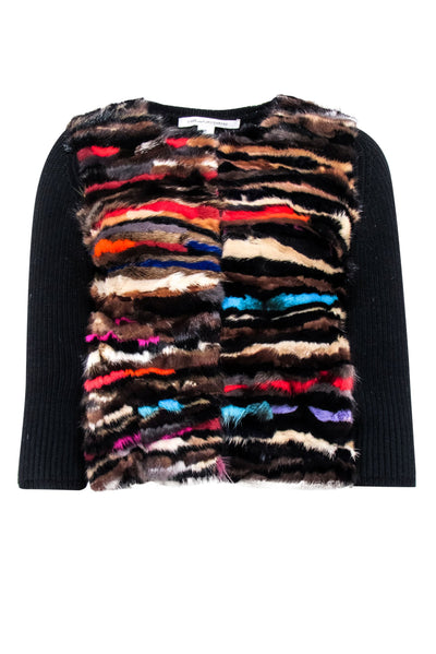 Current Boutique-Diane von Furstenberg - Rainbow Mink Front Black Wool Cardigan Sz P