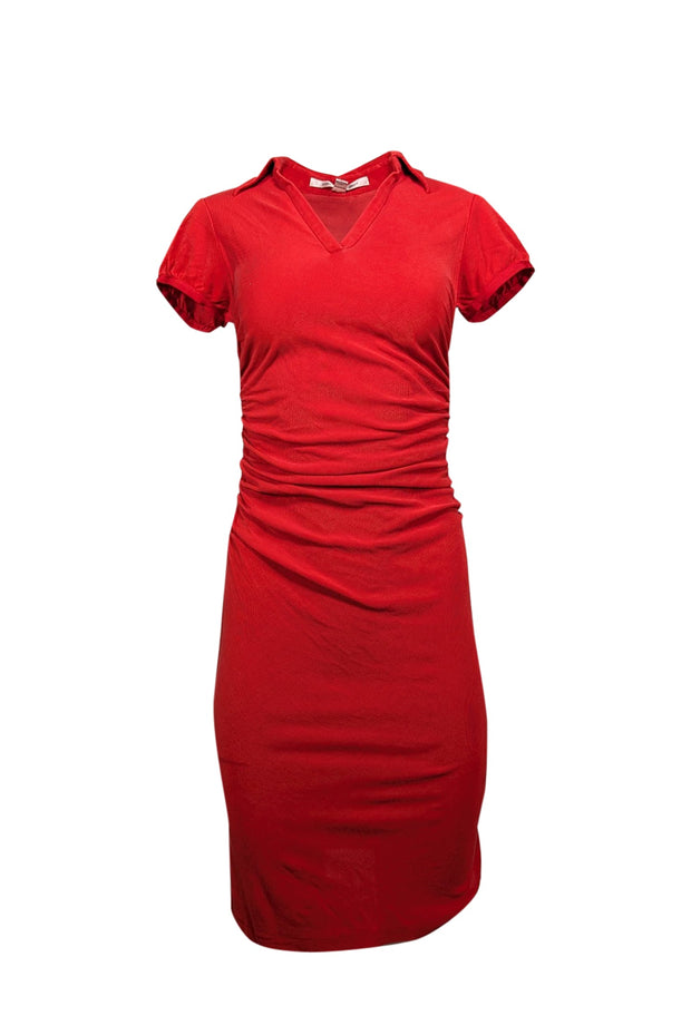 Current Boutique-Diane von Furstenberg - Red Short Sleeve Silk Side Ruched Dress Sz 4