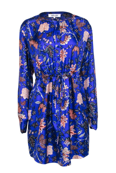 Current Boutique-Diane von Furstenberg - Royal Blue Floral Print Silk Shirt Dress Sz 6