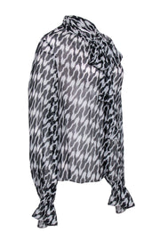 Current Boutique-Diane von Furstenberg - Sheer Black & White Zebra Print Blouse w/ Front Tie Sz XL