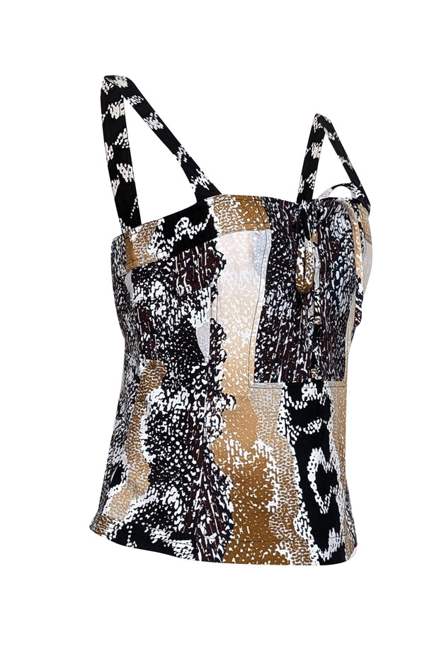 Current Boutique-Diane von Furstenberg - Tan, Black, & White Print Lace Front Top Sz 10