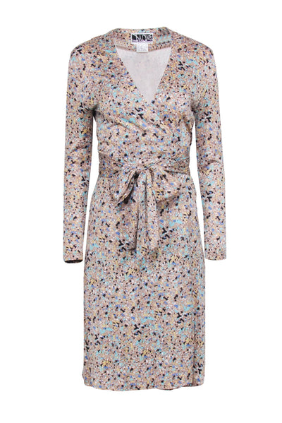 Current Boutique-Diane von Furstenberg - Tan Long Sleeve Speckled Wrap Knee-Length Dress Sz 6